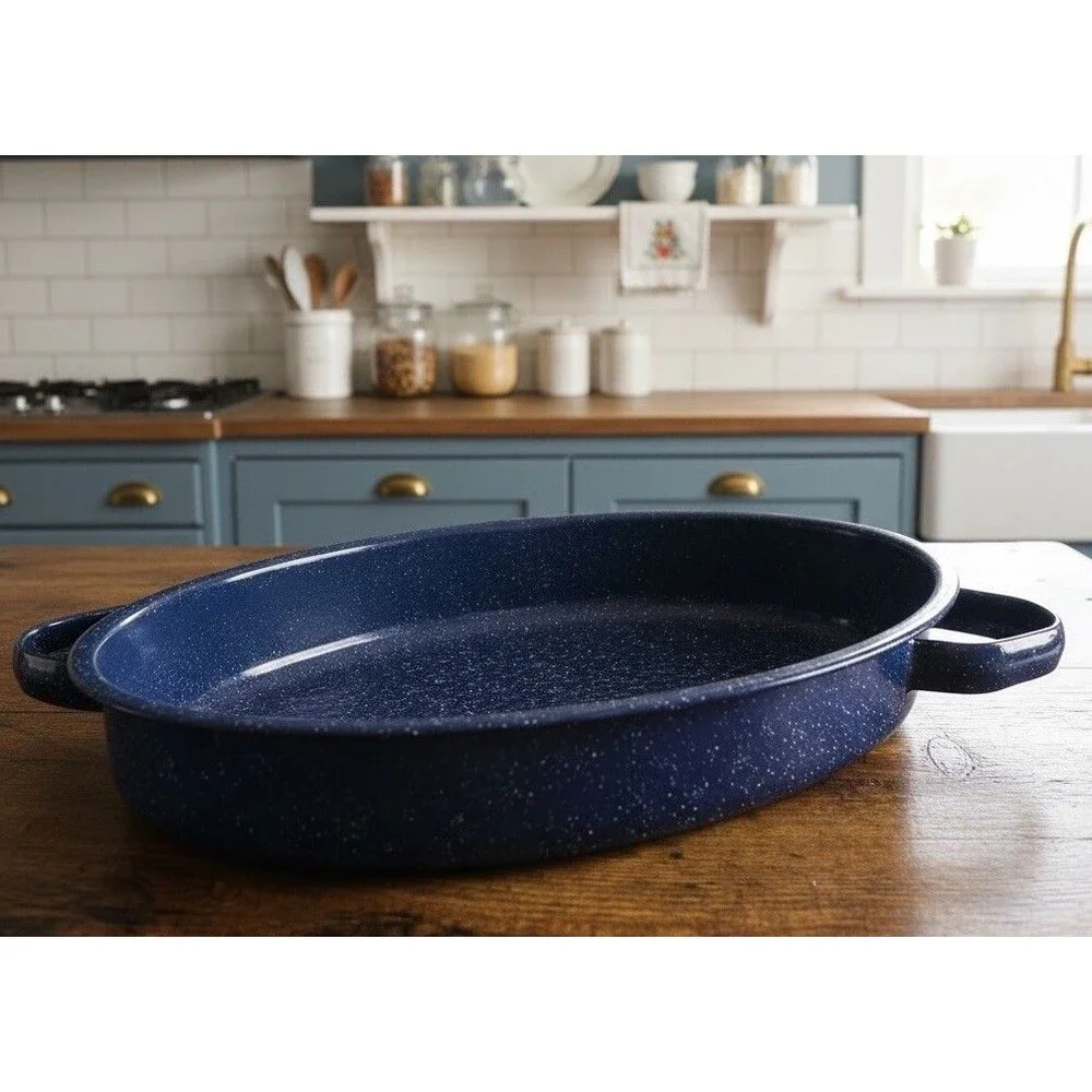 Vintage Blue Speckled Enamel Roasting Pan 14x9.5 Oval w/ Handles Bakeware